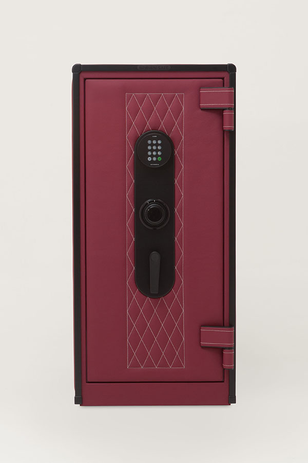 bespoke red leather safe with black stainless accents